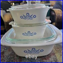 Vintage Corning Ware White Blue Cornflower 3 Piece Oven Set Used Big One Good