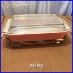 Vintage PYREX Pink Scroll Casserole Dish 575B 2qt Lid 550C & Cradle Stand 1958