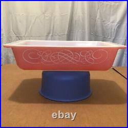 Vintage PYREX Pink Scroll Casserole Dish 575B 2qt Lid 550C & Cradle Stand 1958