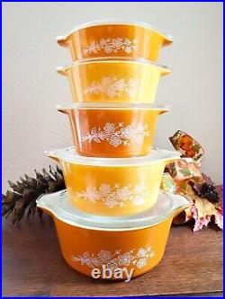 Vintage Pyrex Butterfly Gold restyle Casserole Set 471-475, near mint