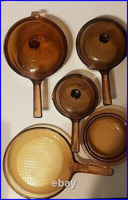 Vintage Pyrex Corning Ware Vision Amber all Glass Cookware Pots 8 Piece Set Lot