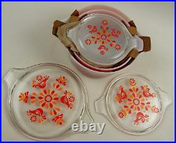 Vintage Pyrex Friendship 3pc Casserole Set 473 474 475 Bowls NOS / Lids CHIPPED