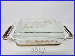 Vintage Pyrex Golden Pine Cone 2 Qt Space Saver Casserole Dish 575 Lid & Cradle