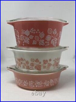 Vintage Pyrex Pink Gooseberry Set of 3 Casserole Dishes with Lids 471 472 473