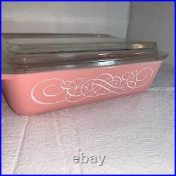 Vintage Pyrex Pink Scroll Casserole Serving Dish with Lid & Cradle 575B 2qt