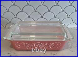 Vintage Pyrex Pink Scroll Glass Casserole Dish 575-B 2 qt. Rectangle