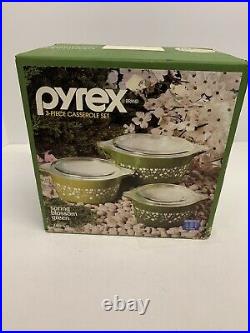 Vintage Pyrex Spring Blossom Green Corningware 3 Piece Casserole Set 480-1-N IOB