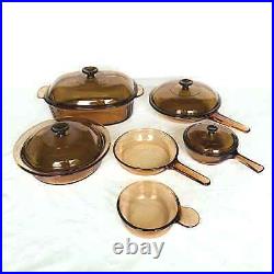 Vintage Vision Corning Ware 10-Piece Amber Glass Cookware Pots Pans Skillet Lids