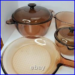 Vintage Vision Corning Ware 10-Piece Amber Glass Cookware Pots Pans Skillet Lids