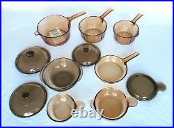 Vintage Vision Corning Ware 11-Piece Amber Glass Cookware Pots Pans Skillet Lids