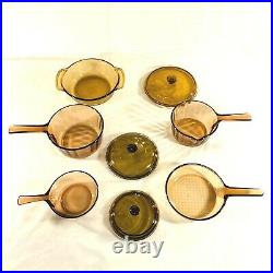 Vintage Vision Corning Ware 8-Piece Amber Glass Cookware Pots Pans Skillet Lids