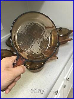 Vintage Visions Cookware 13 Pc Lot Corning Pyrex Amber Glass Pots & Pans Lids