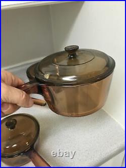 Vintage Visions Cookware 13 Pc Lot Corning Pyrex Amber Glass Pots & Pans Lids