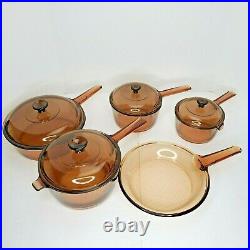Vintage Visions Corning Ware Amber Glass 9 Piece Cookware Set Skillet Lids USA