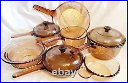 Vision WARE Corning PYREX Amber GLASS Cookware 10 Pc Set Pots Skillets Lids