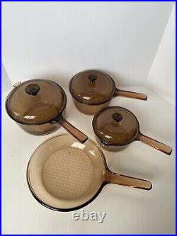 Vision Ware Corning 7 Piece Glass Amber Cookware 1L, 1.5L 2.5L Pots And 1 Pan