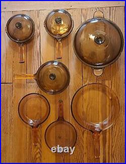 Vision Ware Vintage Corning Pyrex Amber Glass Cookware 11 Pc Set USA & FRANCE