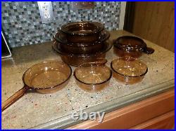 Vision Ware Vintage Corning Pyrex Amber Glass Cookware 11 Piece Set USA