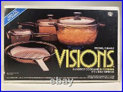 Vision Ware Vintage Corning Pyrex Amber Glass Cookware 7 Pc Set V-370-N Open Box