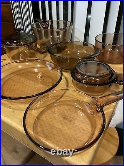 Vision Ware Vintage Corning Pyrex Amber Glass Cookware 8 piece Lot