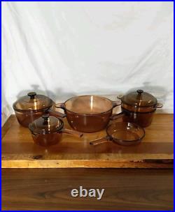 Vision Ware Vintage Corning Pyrex Amber Glass Cookware 9 Piece Set USA