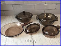 Vision Ware Vintage Corning Pyrex Amber Glass Cookware 9 Piece Set USA