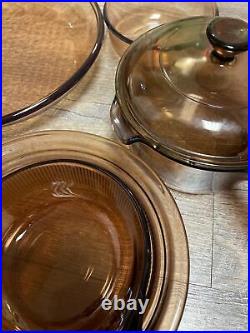 Visions Corning Ware Pyrex Glass 12 Piece Pots And Lids Cookware Brown Amber