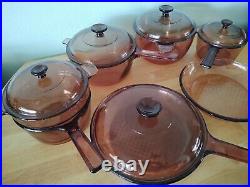Vtg 12 Pc Set Corning Ware Amber Visions Cookware