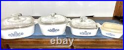 Vtg Corning Ware Blue Cornflower Casserole Dish 4pc Set Lot All Pyrex Lids Rare