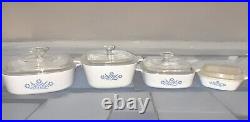 Vtg Corning Ware Blue Cornflower Casserole Dish 4pc Set Lot All Pyrex Lids Rare