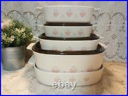 Vtg Corning Ware Forever Yours 8pc Casserole Dish Set Amber Lids 5 litre hearts