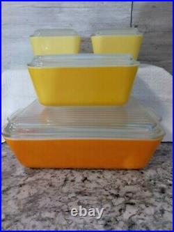 Vtg PYREX Set DAISY sunflower Yellow & Orange Refrigerator Dish fridgie with lids