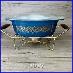 Vtg Pyrex 1965 PROMO Dark Blue Golden Bouquet Casserole Dish Lid Warming Cradle