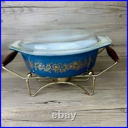 Vtg Pyrex 1965 PROMO Dark Blue Golden Bouquet Casserole Dish Lid Warming Cradle