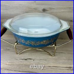 Vtg Pyrex 1965 PROMO Dark Blue Golden Bouquet Casserole Dish Lid Warming Cradle