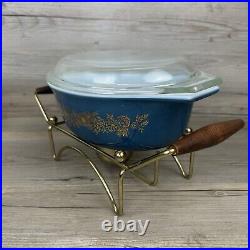 Vtg Pyrex 1965 PROMO Dark Blue Golden Bouquet Casserole Dish Lid Warming Cradle