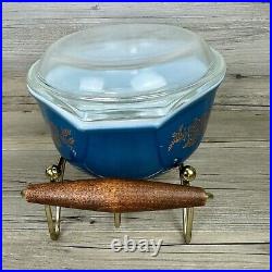 Vtg Pyrex 1965 PROMO Dark Blue Golden Bouquet Casserole Dish Lid Warming Cradle