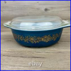 Vtg Pyrex 1965 PROMO Dark Blue Golden Bouquet Casserole Dish Lid Warming Cradle