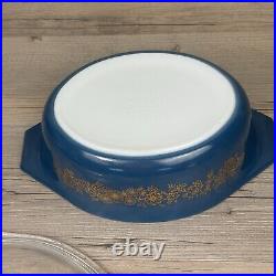 Vtg Pyrex 1965 PROMO Dark Blue Golden Bouquet Casserole Dish Lid Warming Cradle