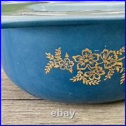 Vtg Pyrex 1965 PROMO Dark Blue Golden Bouquet Casserole Dish Lid Warming Cradle