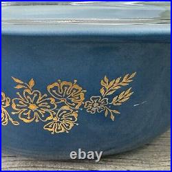 Vtg Pyrex 1965 PROMO Dark Blue Golden Bouquet Casserole Dish Lid Warming Cradle